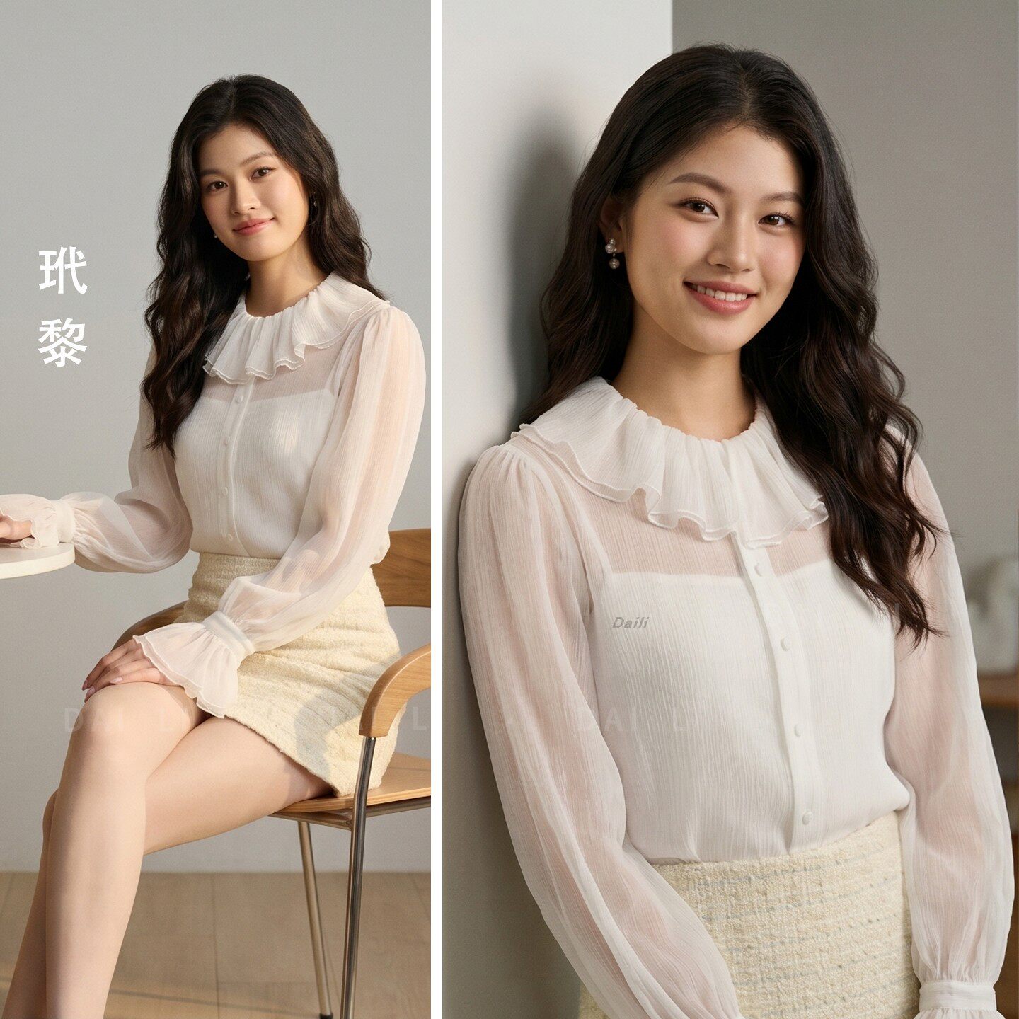 【玳黎】法式复古花瓣荷叶领衬衣女2026通勤百搭薄款长袖雪纺衬衫