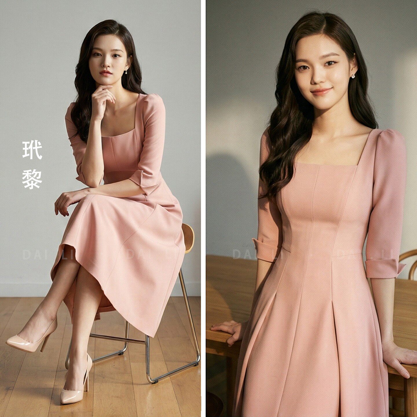 名媛风方领半袖修身连衣裙