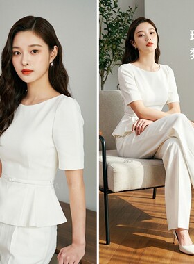 高级感收腰荷叶边职业套装女2026夏通勤短袖圆领上衣阔腿裤两件套