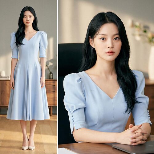 轻奢名媛风泡泡袖V领连衣裙