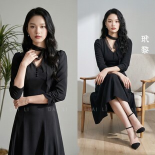 玳黎V领蕾丝拼接连衣裙2026法式优雅中袖收腰显瘦鱼尾裙a字长裙