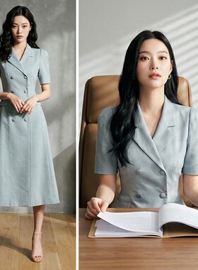 蓝色双排扣职业连衣裙2026新款高级感通勤正式场合短袖西装领裙子