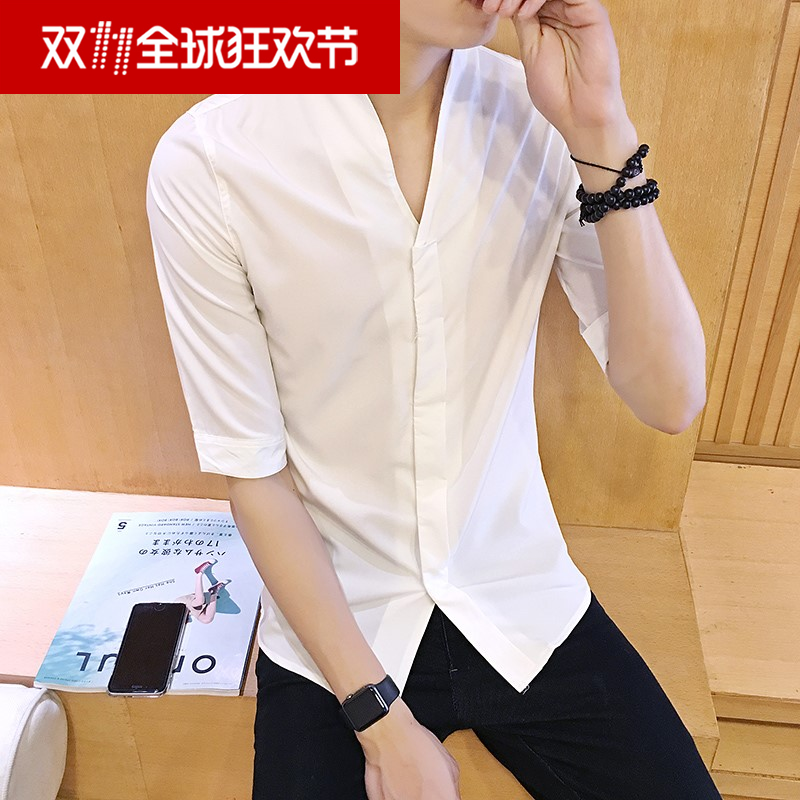 Spring and summer man Stand collar Three Quarter Sleeve fashion Trend Korean Edition Self cultivation half sleeve shirt Young men shirt Sleeve Inch shirtin the Men's clothing, Shirt  category - from Buy2taobao.com to provide professional Taobao agent buy service
