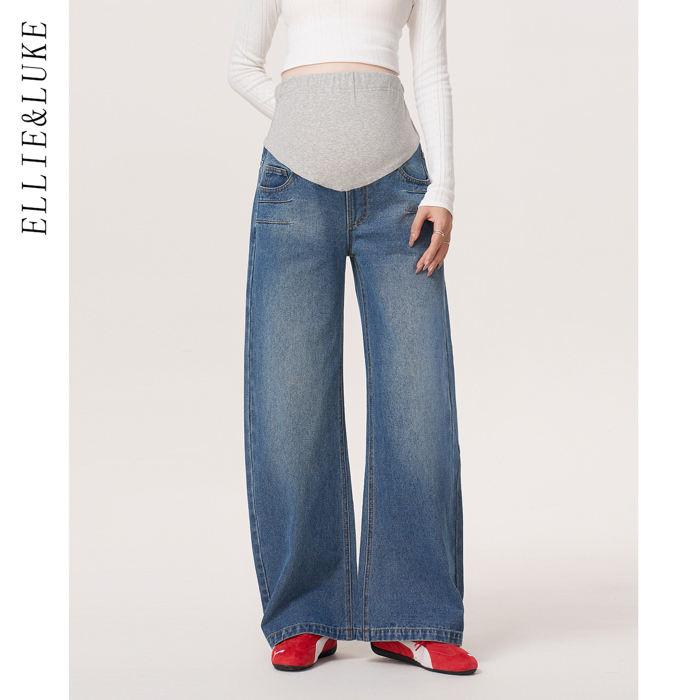 ellieluke孕妇阔腿裤子春秋外穿小个子新款托腹弯刀牛仔长裤春装