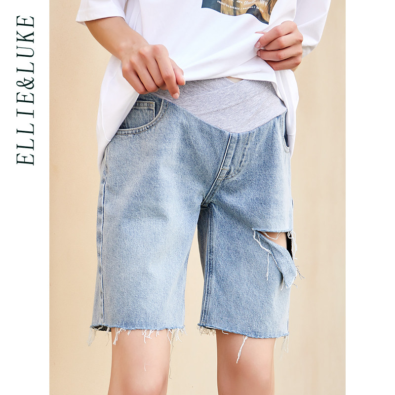 孕妇短裤女夏季薄款夏天破洞直筒裤宽松休闲外穿时尚牛仔五分裤子