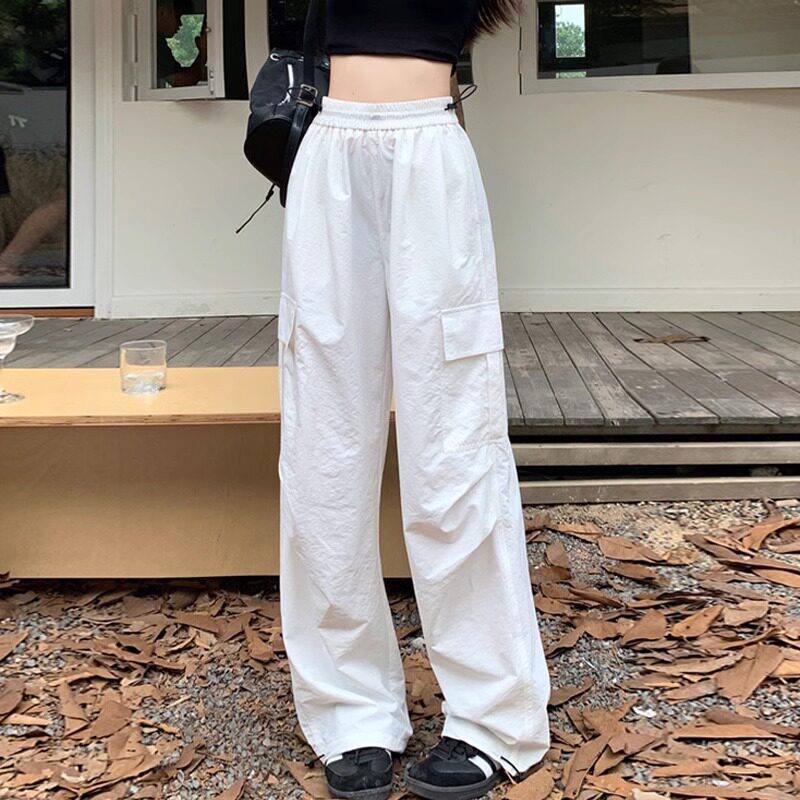美式速干工装裤女夏季薄款松紧腰阔腿裤设计感休闲宽松垂感拖地裤