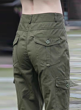 军绿色工装裤女夏季薄款2025年新款高腰宽松纯棉女裤休闲 直筒裤