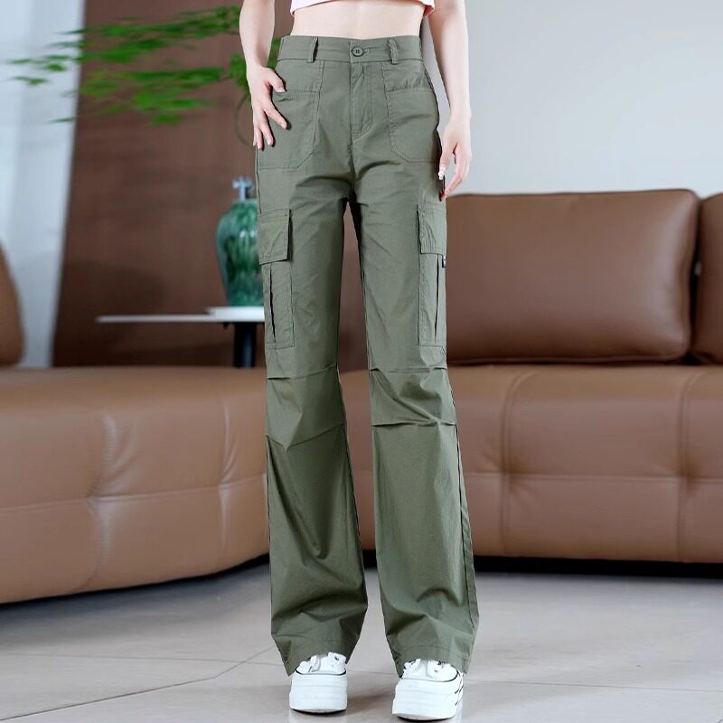 军绿色工装裤女夏季薄款2025新款高腰显瘦女裤宽松直筒冰丝阔腿裤