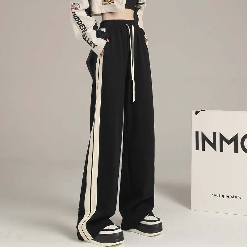 黑色条纹运动裤女夏季2025年新款垂感休闲 直筒卫裤宽松拖地阔腿