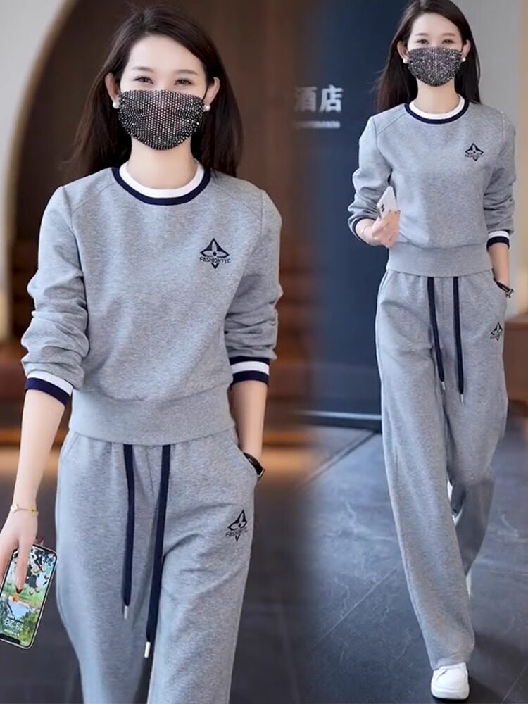 时尚休闲运动套装女2025春秋季新款洋气减龄圆领卫衣阔腿裤两件套