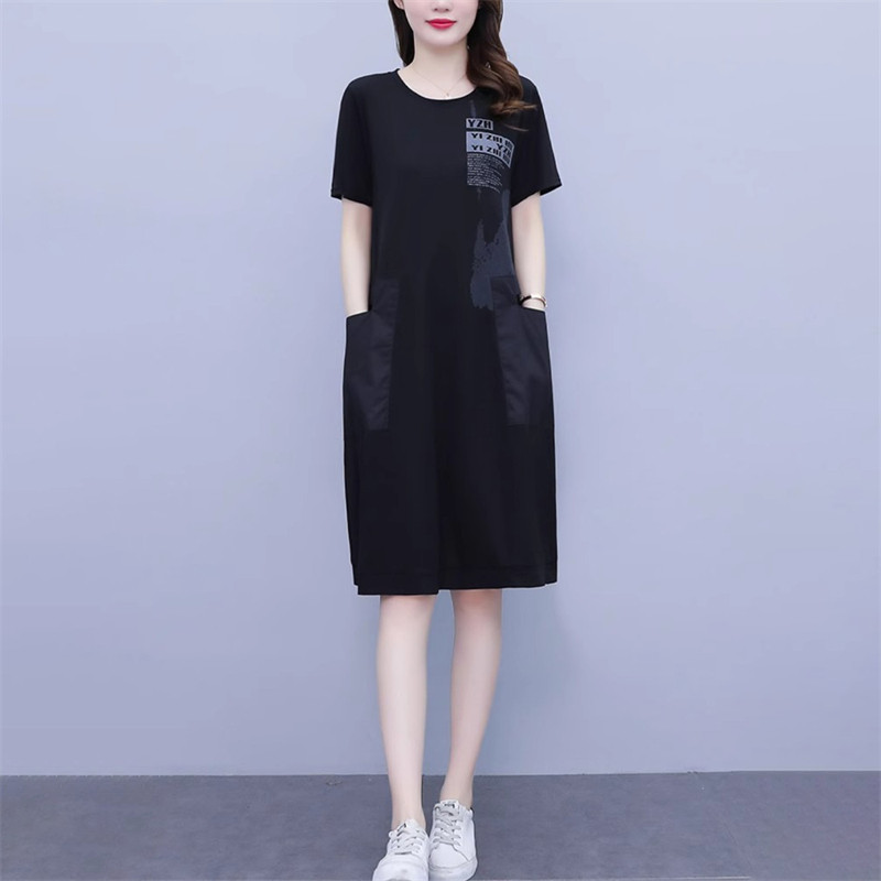 休闲运动短袖连衣裙女夏季大码女装遮肚子显瘦时尚洋气T恤直筒裙