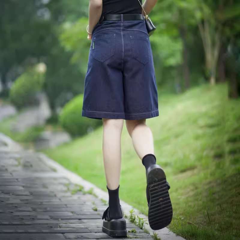 夏季薄款牛仔短裤女2025年新款设计感小众高腰直筒五分裤阔腿中裤