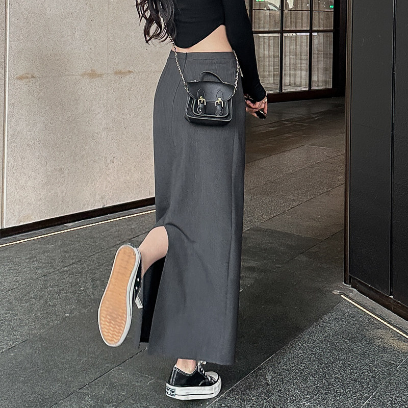 灰色西装半身裙女2026春秋新款垂感直筒长裙高腰显瘦后开叉包臀裙