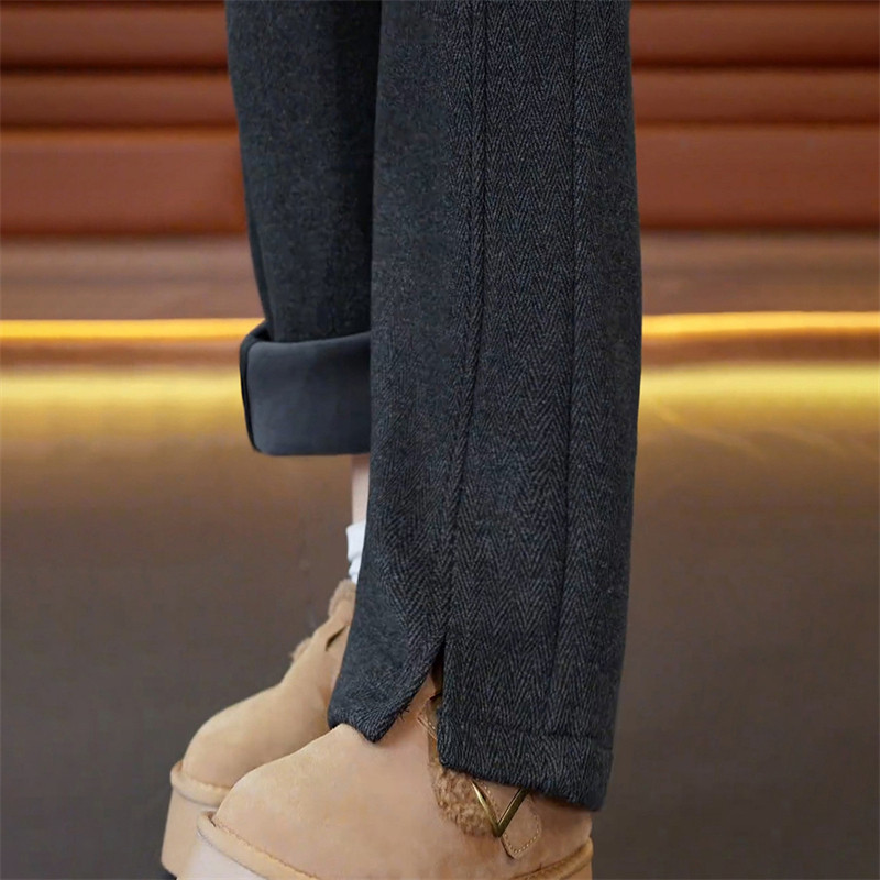 加绒休闲保暖裤女2025年秋冬季新款加厚宽松慵懒风人字纹毛呢裤子