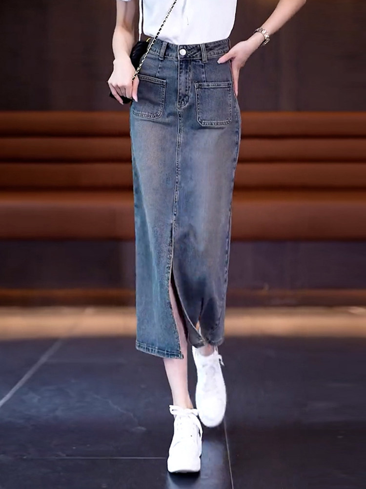 覆古高腰牛仔裙女性2025年夏季新宽松和容易匹配的中长度a线开衩