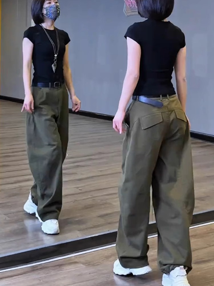覆古墨绿色女士休闲裤夏季瘦欧洲大码胖毫米宽松修身看直阔腿裤