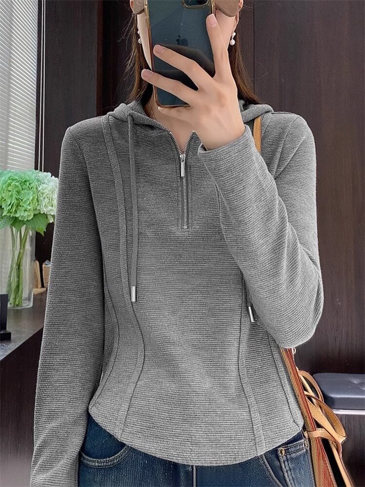 灰色拉炼连帽卫衣女春秋季2025年新款韩版修身内搭打底衫短款上衣