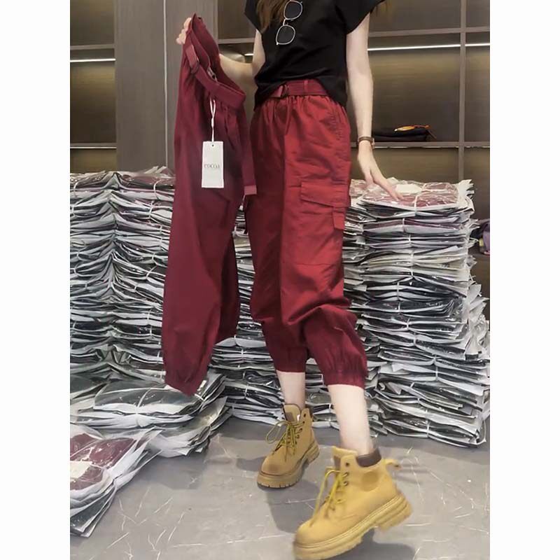 酒红色工装裤子女2025夏季新款欧货大码宽松束脚哈伦裤八分休闲裤