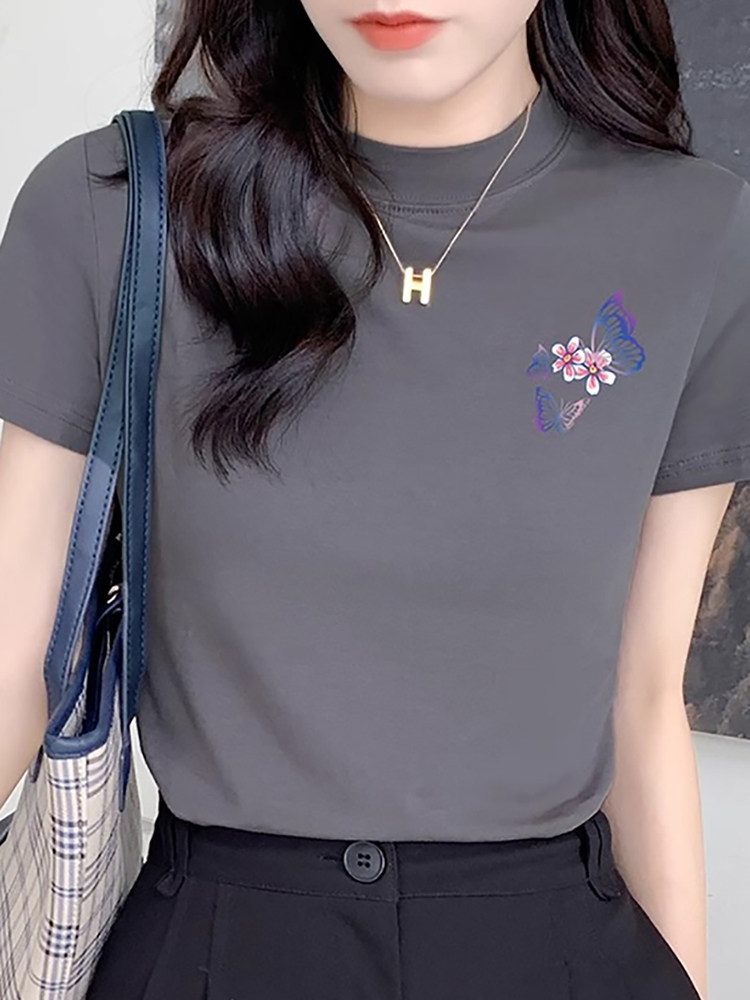 灰色立领短袖t恤女2025夏季新款修身纯棉半高领内搭体恤短款上衣