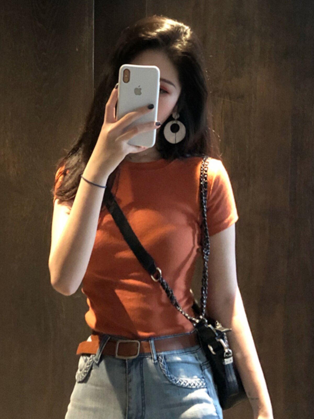欧货橘色正肩短袖t恤女夏季2025新款覆古港味chic修身显瘦打底衫
