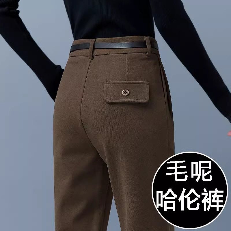 毛呢哈伦裤子女秋冬2025新款加绒烟管裤高腰显瘦罗卜女裤休闲西裤