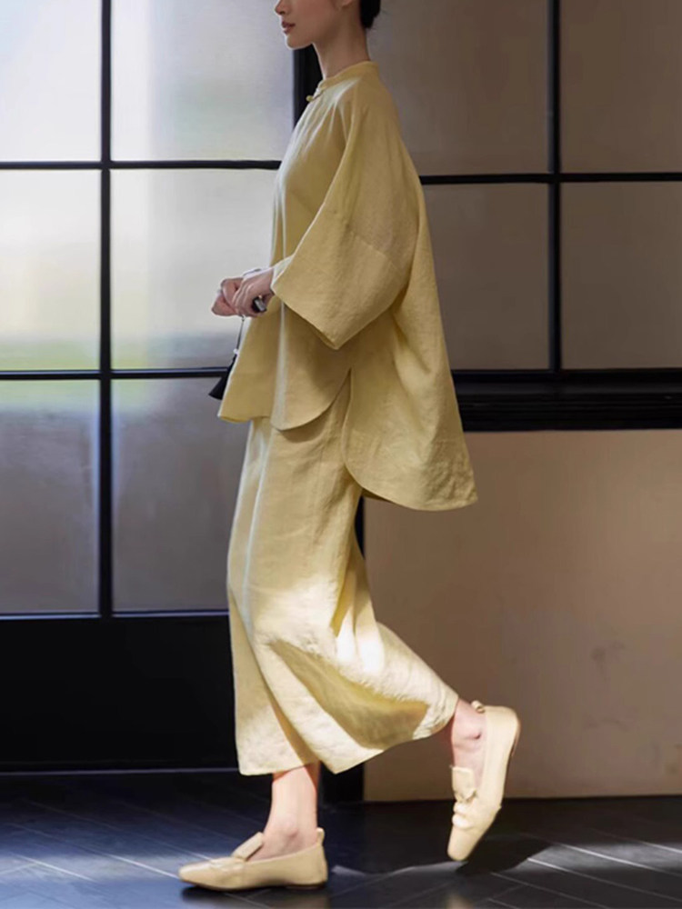 新中式棉麻套装女夏季覆古国风禅意斜襟盘扣衬衫上衣半身裙两件套