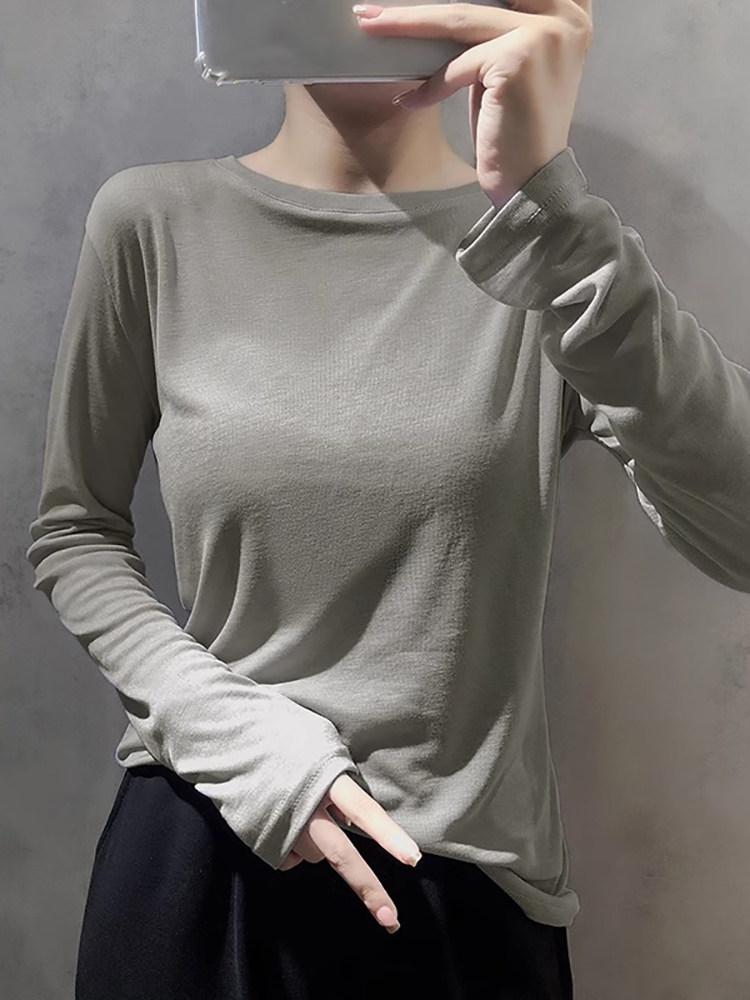 灰色面膜秋日女长袖t恤薄宽松内层衬衫修身圆领衬衫上衣