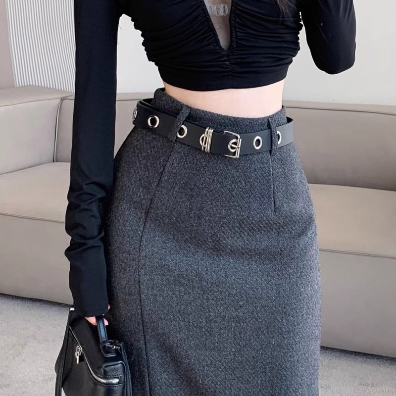 灰色毛呢西装半身裙女中长款秋冬设计感高腰a字侧开叉包臀直筒裙