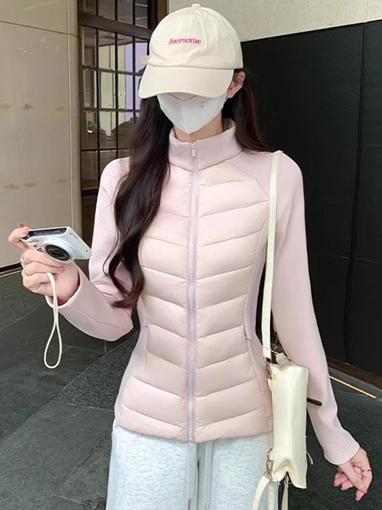 轻薄羽绒服女冬季2025新款修身收腰立领短款拼接内胆加绒运动外套