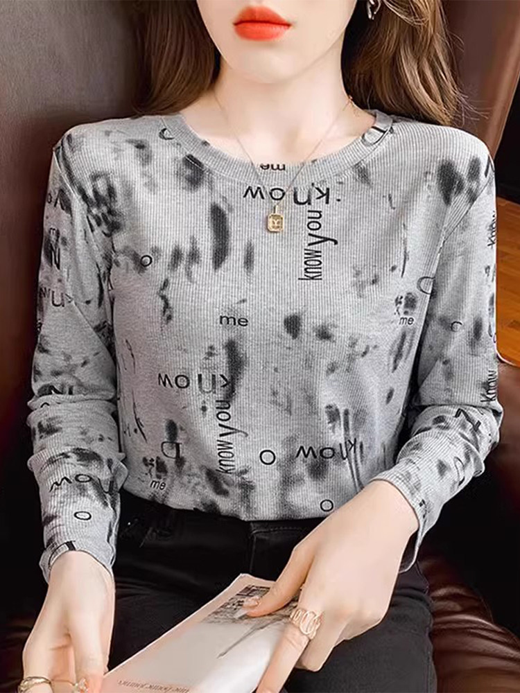 打底衫女秋装新款纯棉长袖t恤修身显瘦时尚印花宽松洋气上衣潮ins