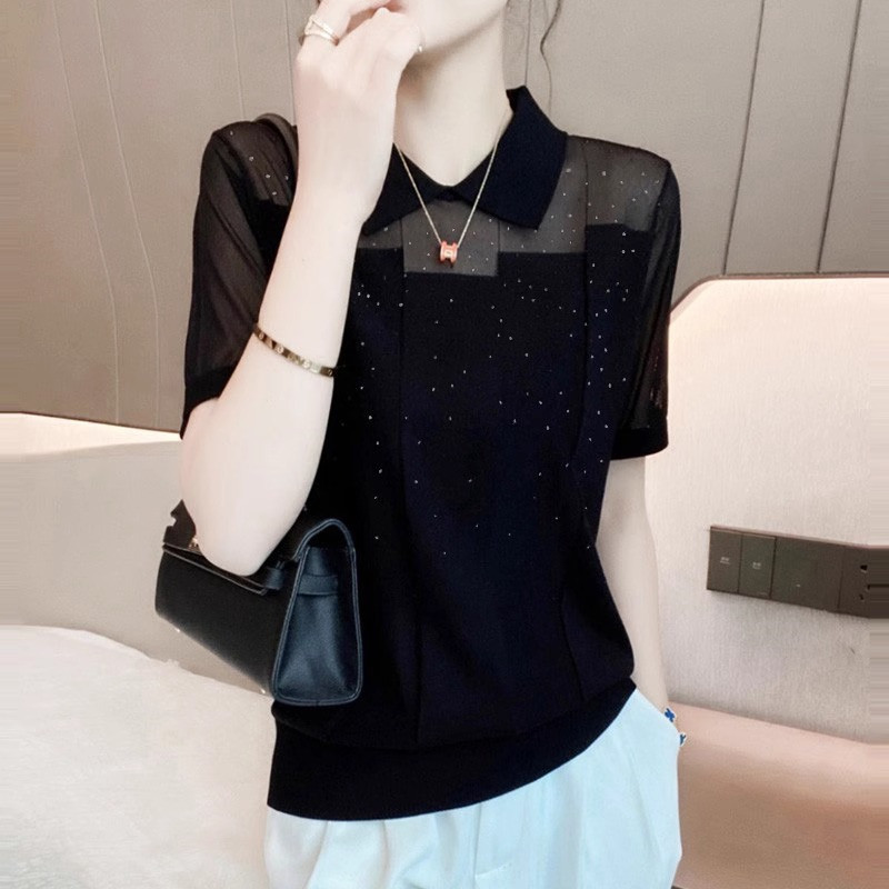 欧货烫钻网纱拼接短袖t恤女夏季薄款冰丝针织衫时尚宽松气质上衣