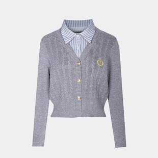 学院风Polo领假两件针织衫女2025春秋新款小个子短款上衣毛衣外套
