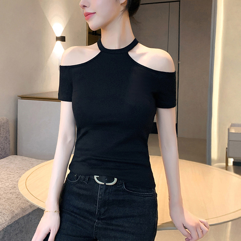 黑色挂脖露肩上衣女夏季2025新款设计感小众性感修身纯棉短袖t恤