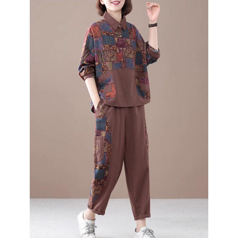 中老年妈妈棉麻套装女2026春秋新款时尚印花上衣阔腿裤大码两件套