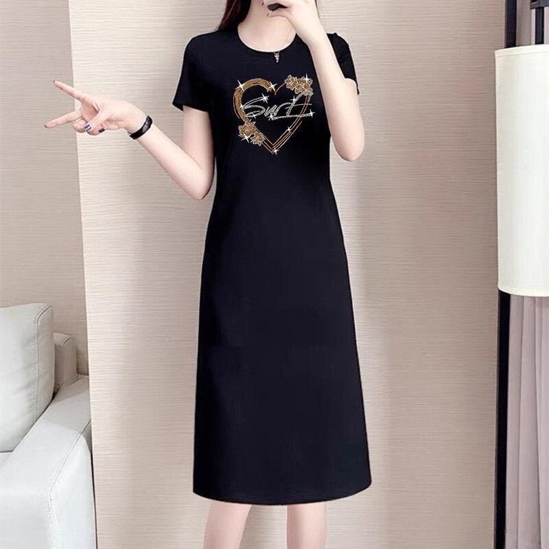 2025夏季新款时尚休闲连衣裙女直筒显瘦大码中长款纯棉短袖t恤裙