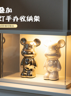 手办收纳盒粉色蓝色实木亚克力带灯防尘收纳盒多层可叠加盒子