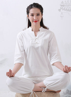 佛系棉麻禅修服女居士打坐服