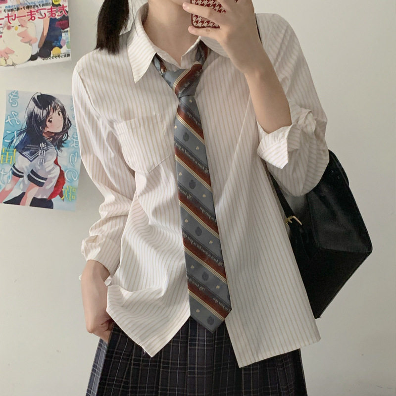 夏日和风铃 jk长袖条纹衬衫女宽松百搭短袖条纹衬衣内搭打底上衣