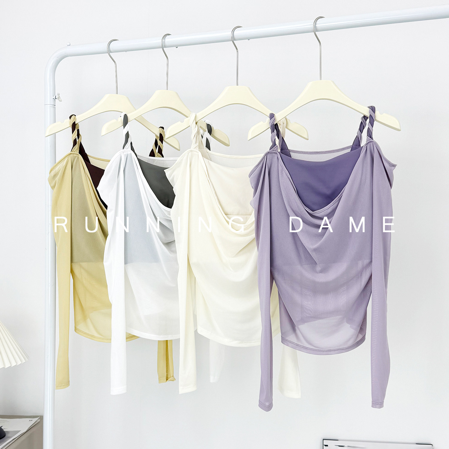 麻花网纱露肩瑜伽服长袖跑步速干运动文胸一体杯健身服上衣文胸