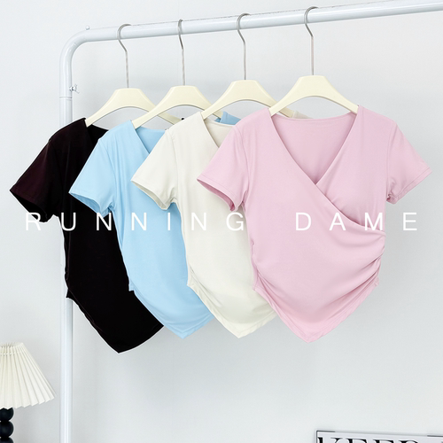 2026假两件网纱固定杯运动衣女外穿跑步带胸垫瑜伽服短袖健身上衣