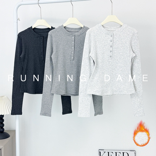 亨利领长袖T恤女加绒加厚修身显瘦百搭纽扣打底衫罗纹针织上衣