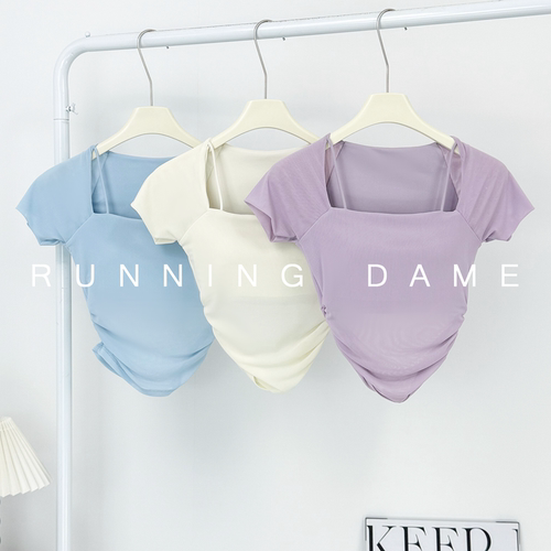 假两件网纱固定杯瑜伽短袖T恤