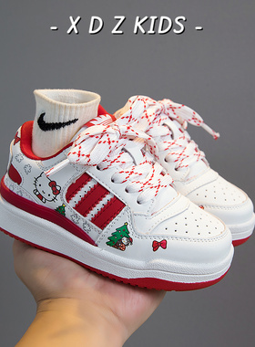 儿童板鞋2025冬季新款男童红色加绒真皮运动鞋女童kitty猫小白鞋