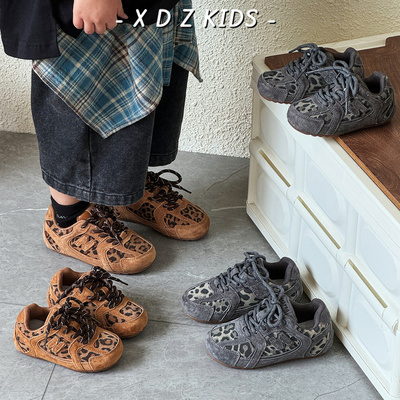 温州鞋！真皮豹纹儿童运动鞋软底