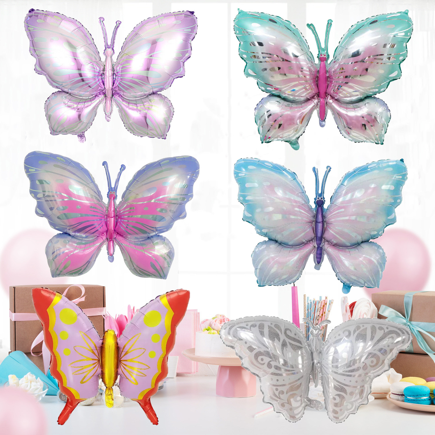 新款蝴蝶主题生日气球女孩儿童周岁布置渐变金粉紫银蓝色绿色蝴蝶