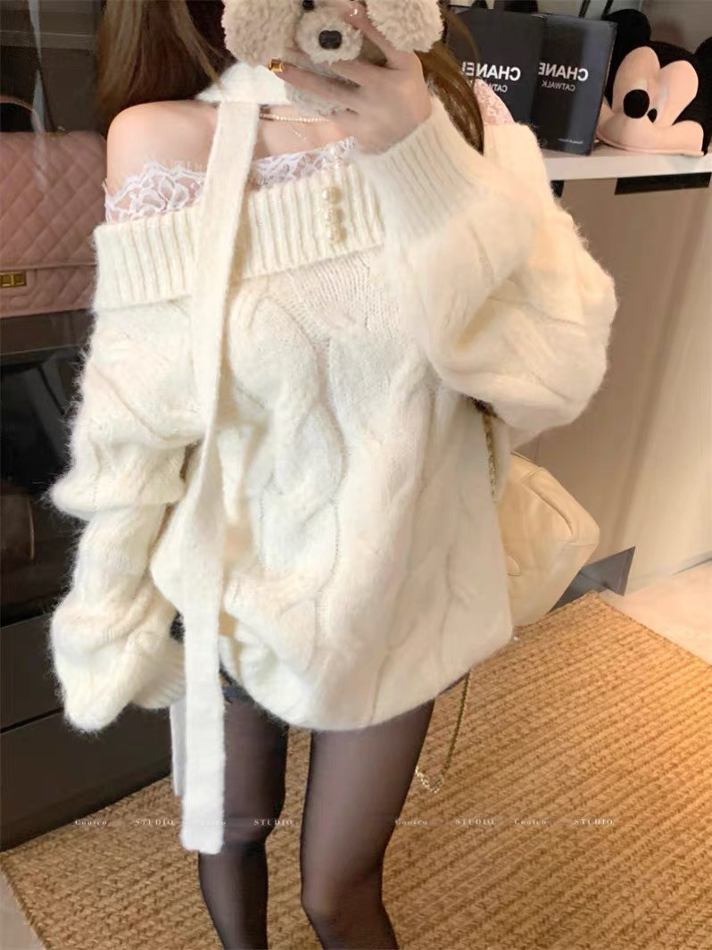 纯欲风一字领麻花蕾丝拼接毛衣女秋冬甜美软糯假两件露肩针织上衣