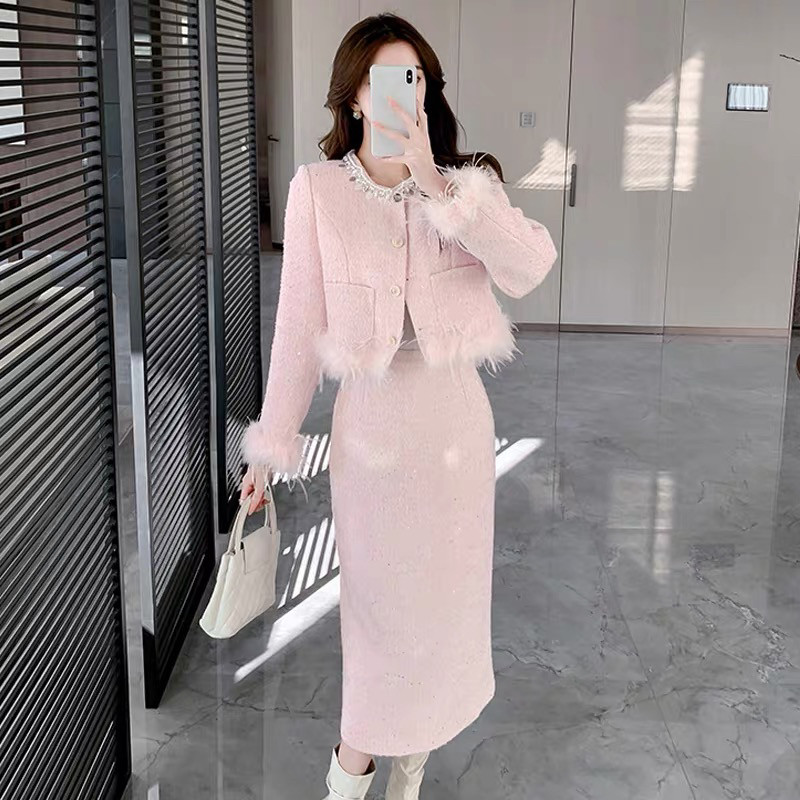 粉色小香风毛毛加绒外套女冬季轻奢气质名媛半身裙子长裙两件套