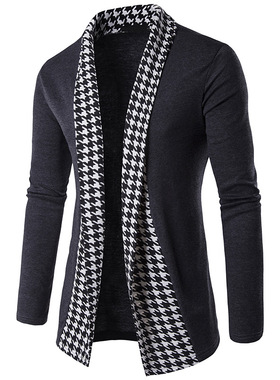 Men's Houndstooth Jacket青春扣开衩流行深灰色旅游新款开衫时尚