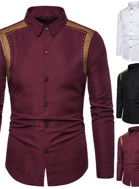 衬衫男Men Dress Shirt  Long 青年花色黑色酒红色长袖白色休闲新