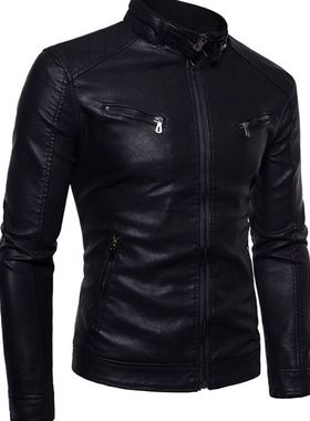 Men's Leather Jacket Casual 外穿酒红色枣红色加绒拉链深蓝色